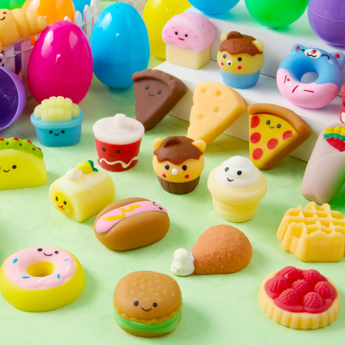 24Pcs Prefilled Easter Eggs with Fast Food & Dessert Mochi Squishy Toys for Egg Hunt, Party Favors & Basket Stuffers