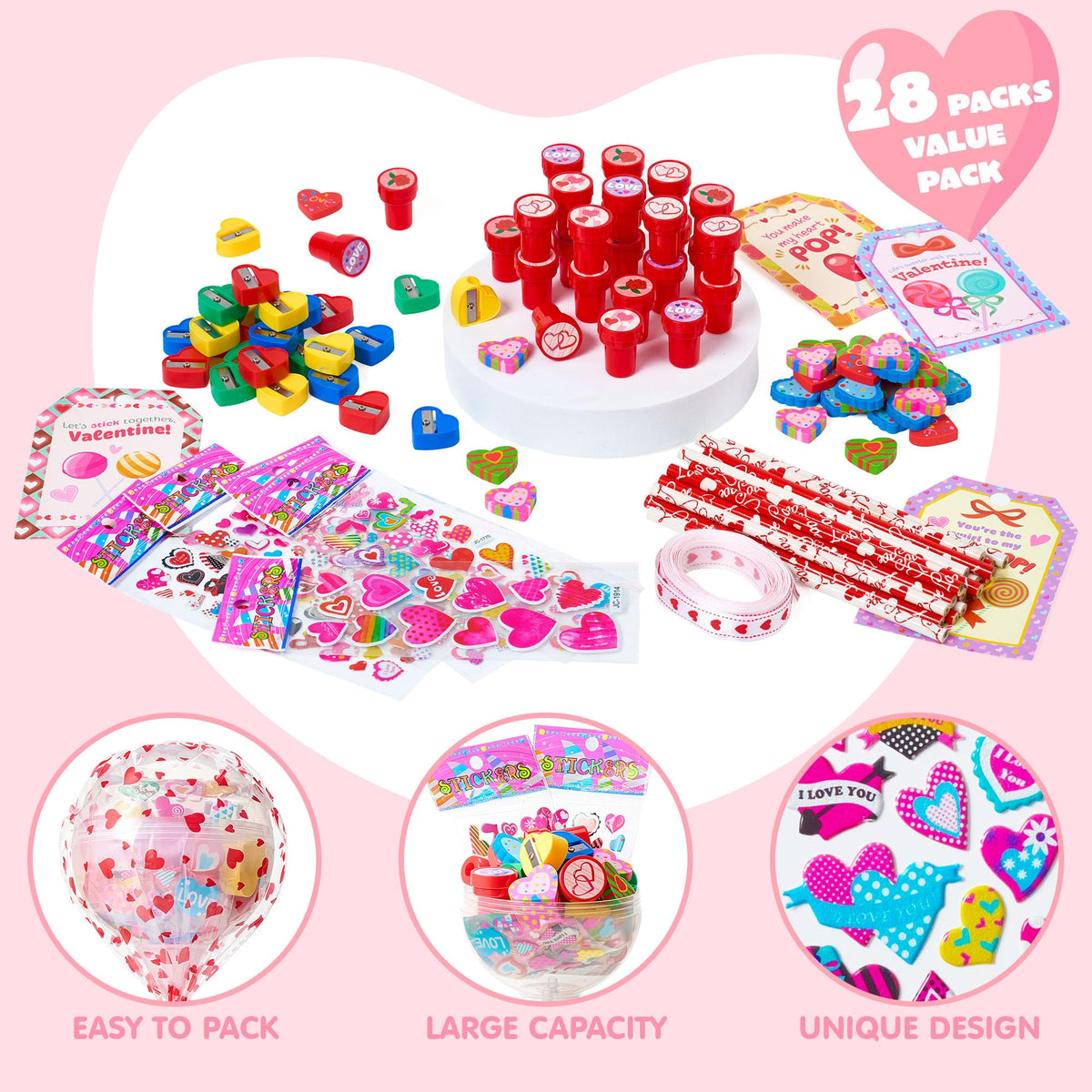 28 Packs Giant Valentine Lollipop Stationery Set with Cards, Includes Pencils Erasers Stampers Sharpener Stickers