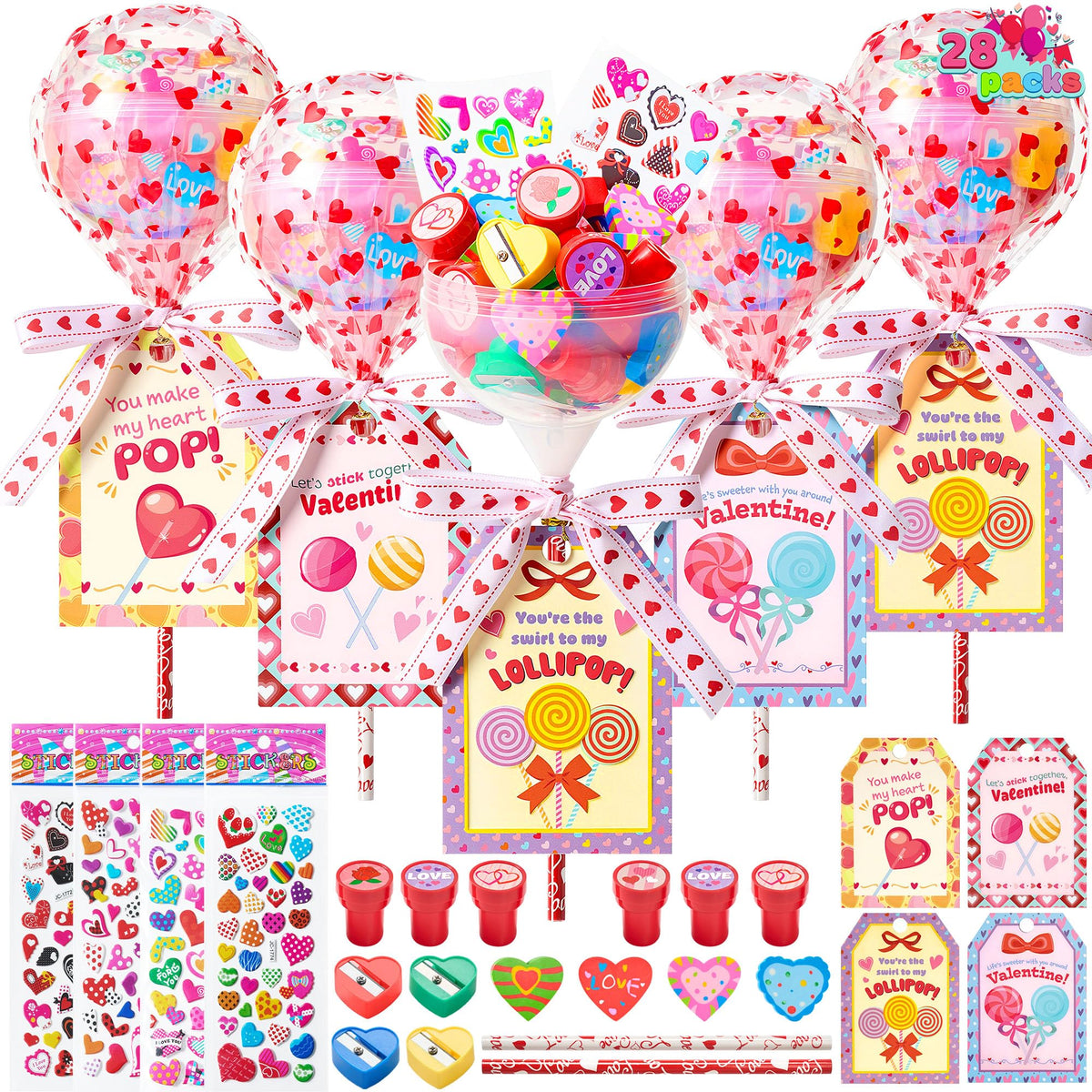 28 Packs Giant Valentine Lollipop Stationery Set with Cards, Includes Pencils Erasers Stampers Sharpener Stickers