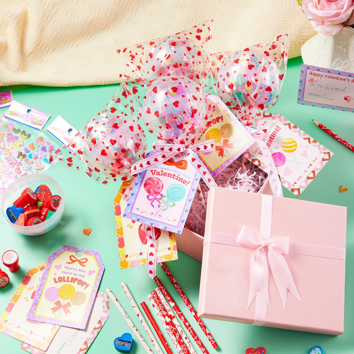 28 Packs Giant Valentine Lollipop Stationery Set with Cards, Includes Pencils Erasers Stampers Sharpener Stickers