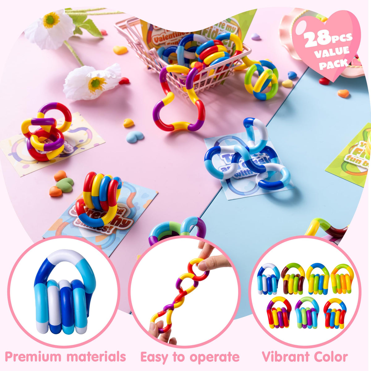 28 Pcs Valentine’s Day Twist & Spin Fidget Chains with Cards