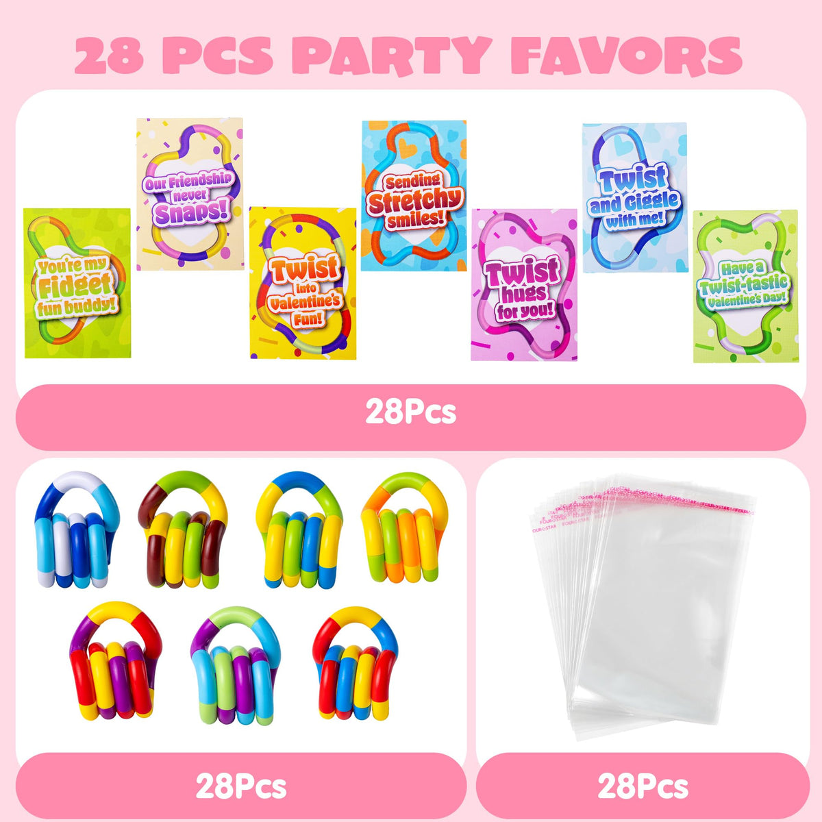 28 Pcs Valentine’s Day Twist & Spin Fidget Chains with Cards