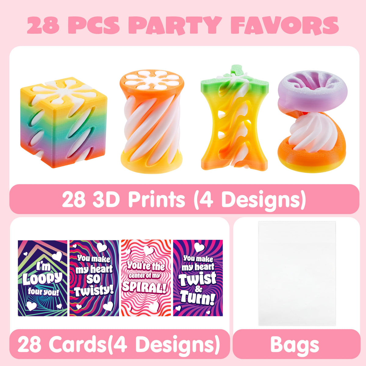 28Pcs Kids Valentine Cards with Impossible Spiral Cone fidget toys