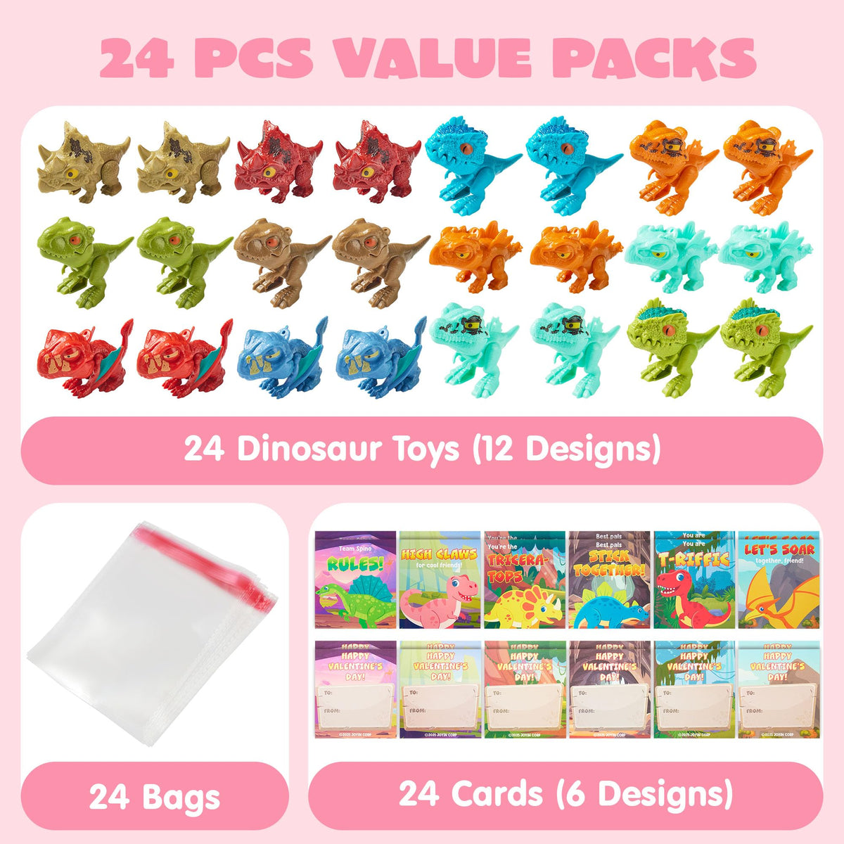 24 Pcs Valentine's Day Cards with Dinosaur Toys
