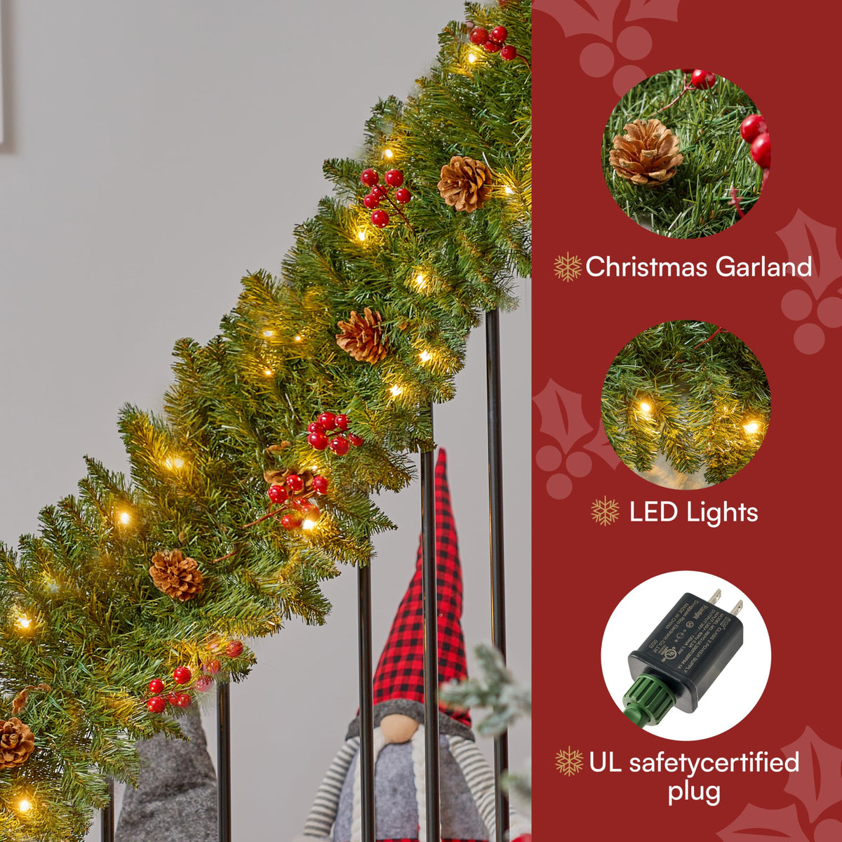 9FT Artificial Christmas Garland with Pine Cones and Red Berries