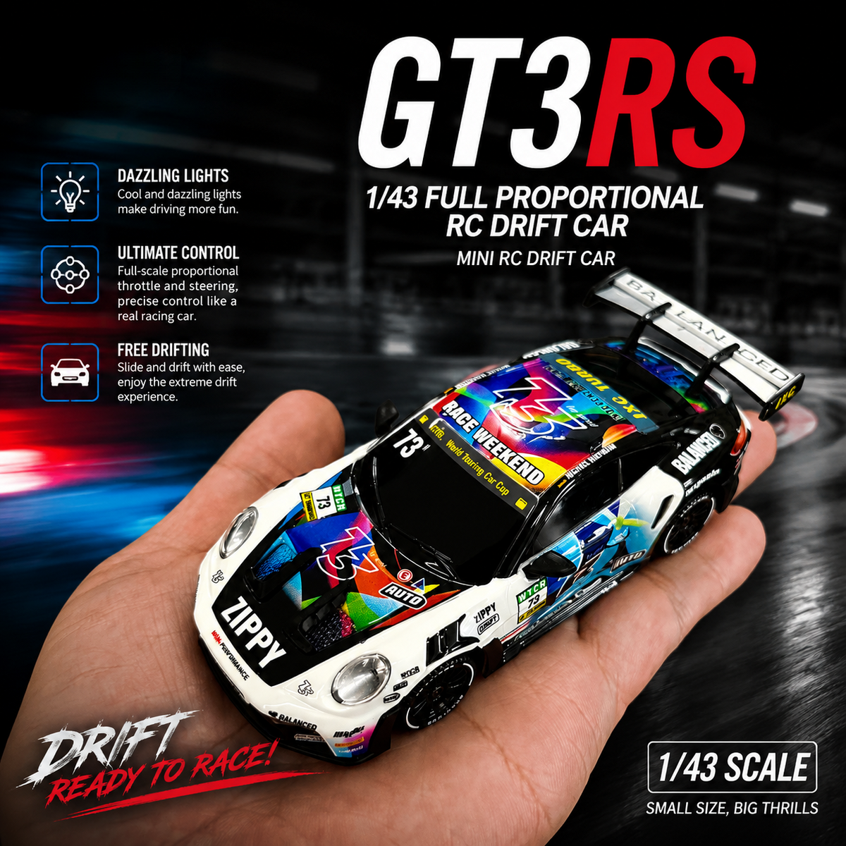 1:43 Scale RTR 4WD High-Speed GT3 RS RC Race Car - JX02