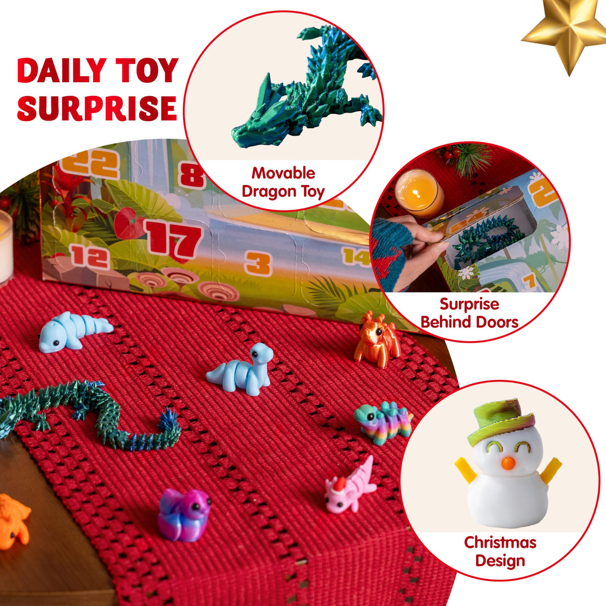 24 Pcs Christmas Advent Calendar 3D Printed Toys