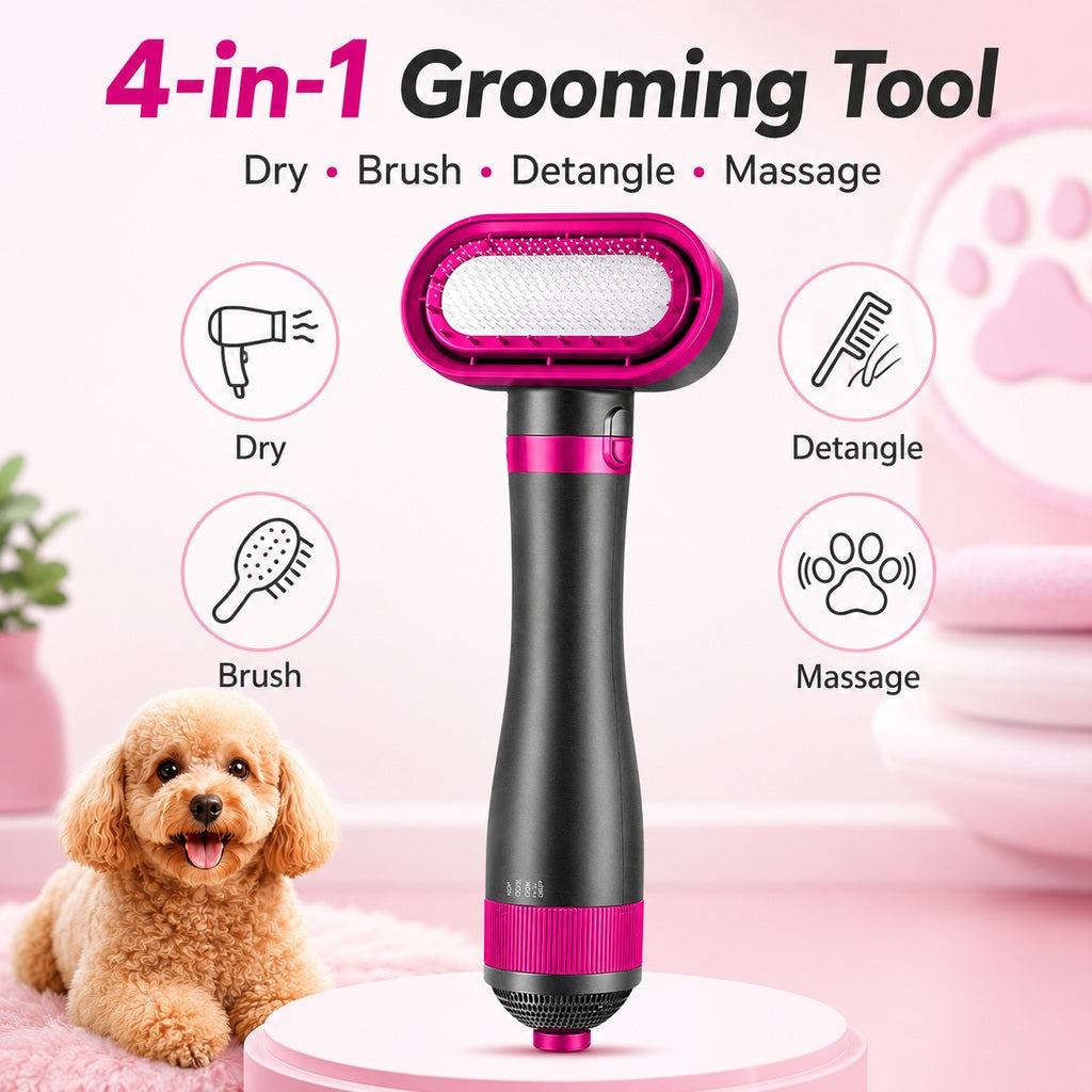 4-in-1 Pet Dryer Brush for After-Bath Grooming, Low-Noise Dog & Cat Hair Dryer Comb for Easier Drying, Brushing & Detangling
