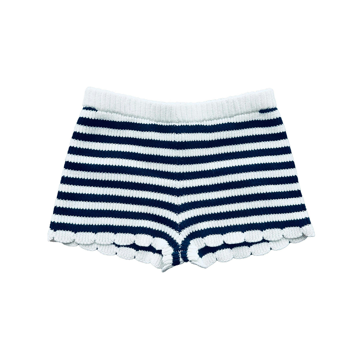 Striped Cotton Knit Shorts with Crochet Hem - Navy & White