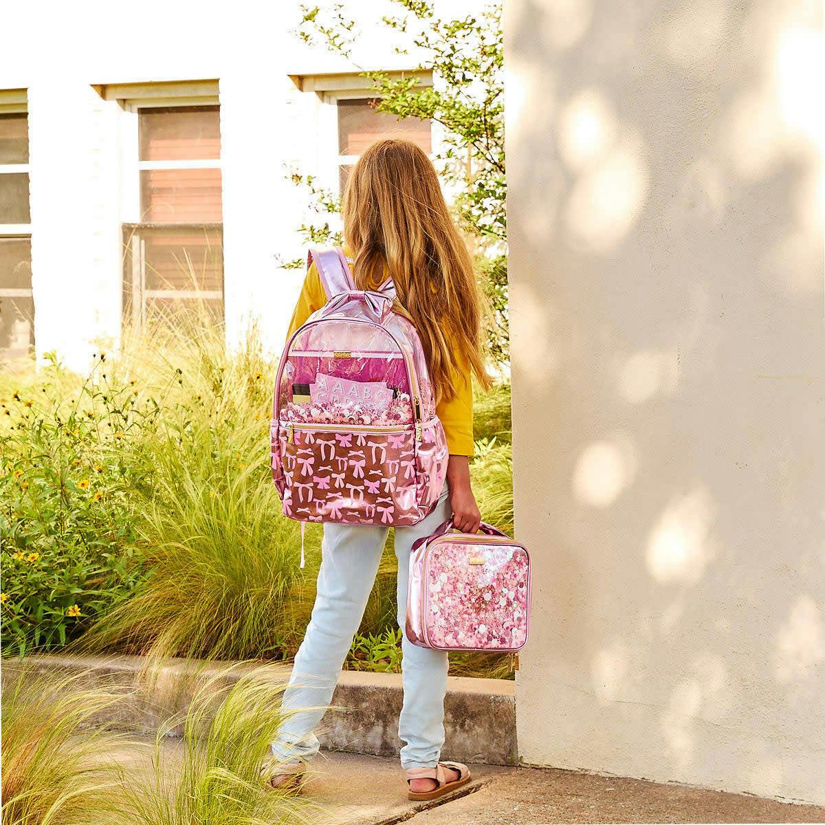Pink Bow Confetti Clear Backpack by Packed Party | 17" Cute Backpack for Adults