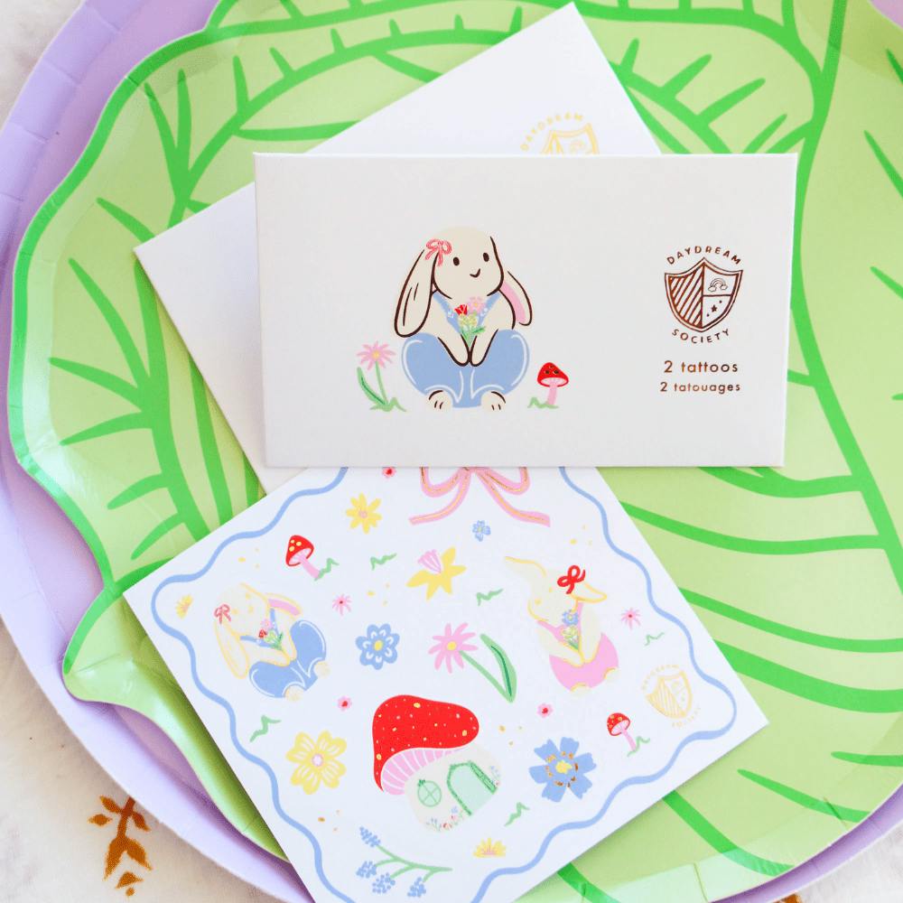 Bunnies In The Garden Overalls Bunny Temporary Tattoos