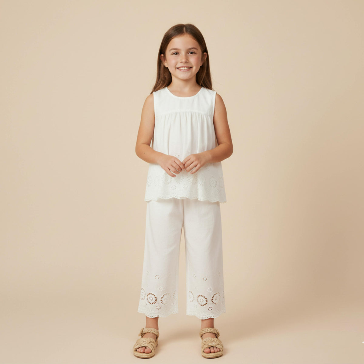 Organic Eyelet Top And Pant Set - Ivory Eyelet