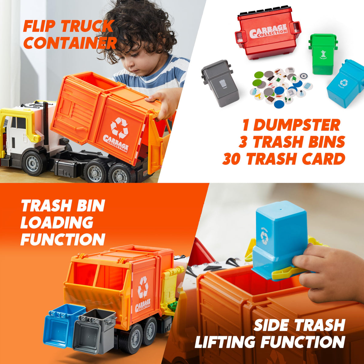 Large Friction Powered Garbage Truck Toy Set - Orange