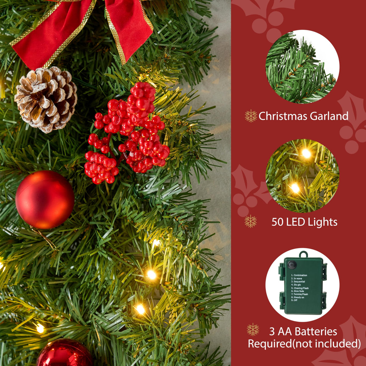 9FT Christmas Garland with Lights