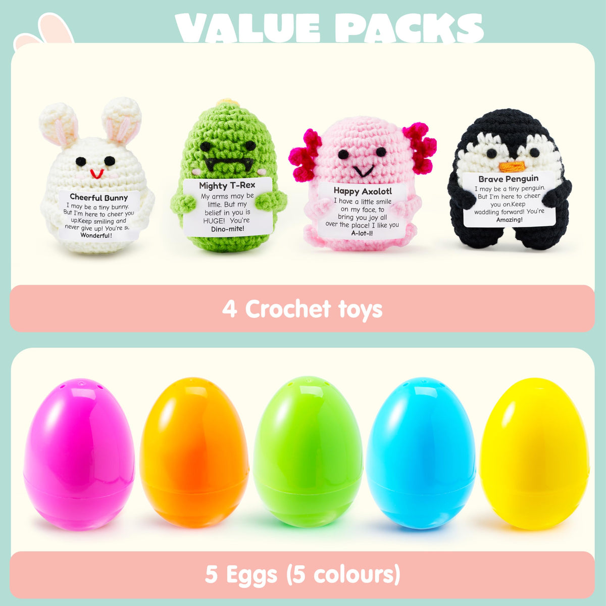 5 Pcs Jumbo Prefilled Easter Eggs with Crochet Toys for Egg Hunt, Party Favors & Classroom Prizes