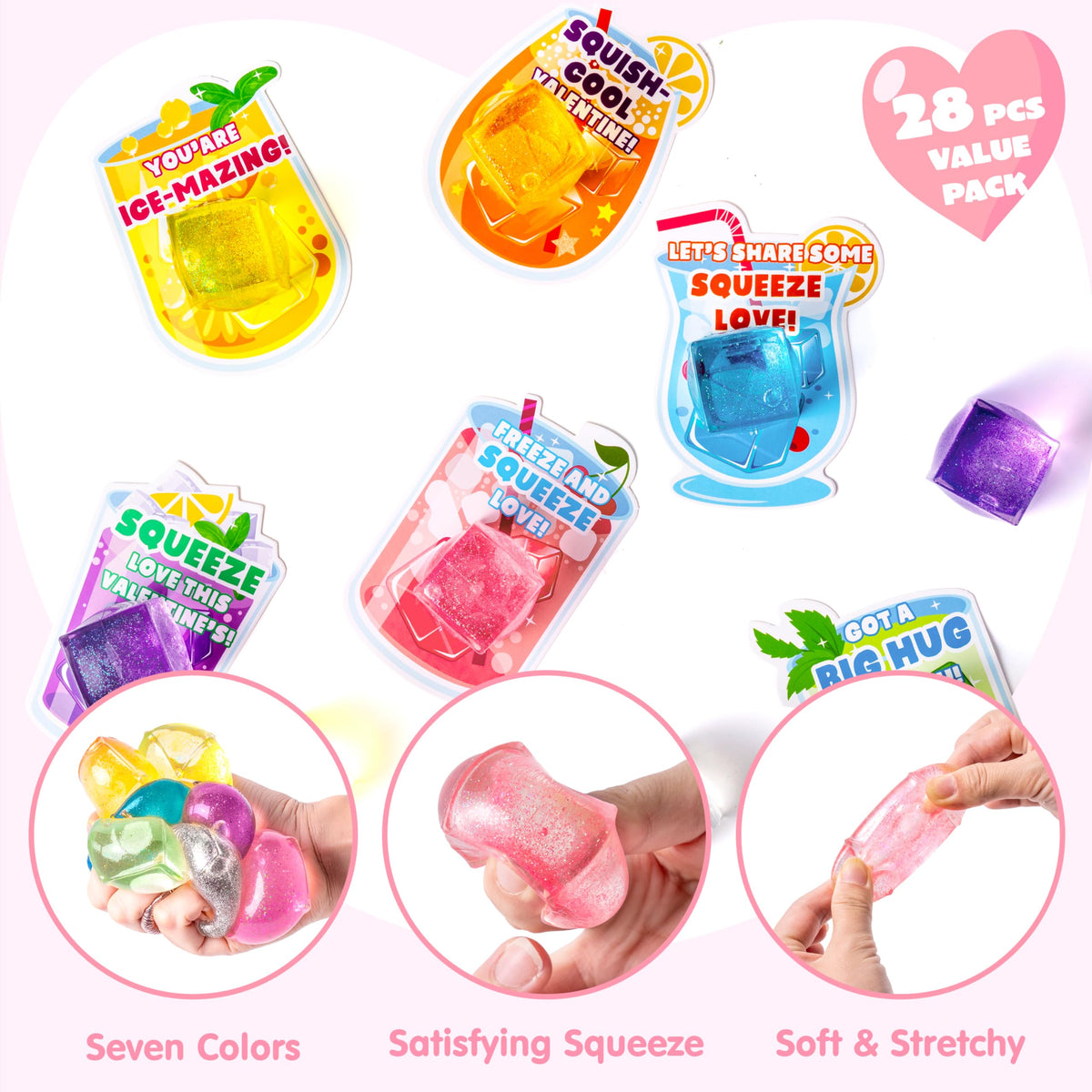 28 Pcs Valentine’s Day Cards with Ice Cube Shaped Malt Sugar Squeeze Balls