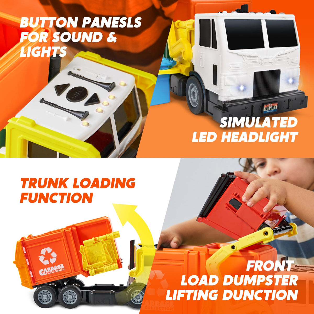 Large Friction Powered Garbage Truck Toy Set - Orange
