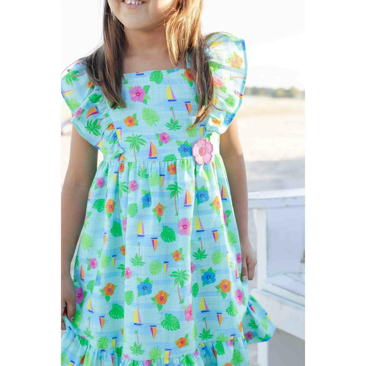 Printed Linen-Look Dress With Flower