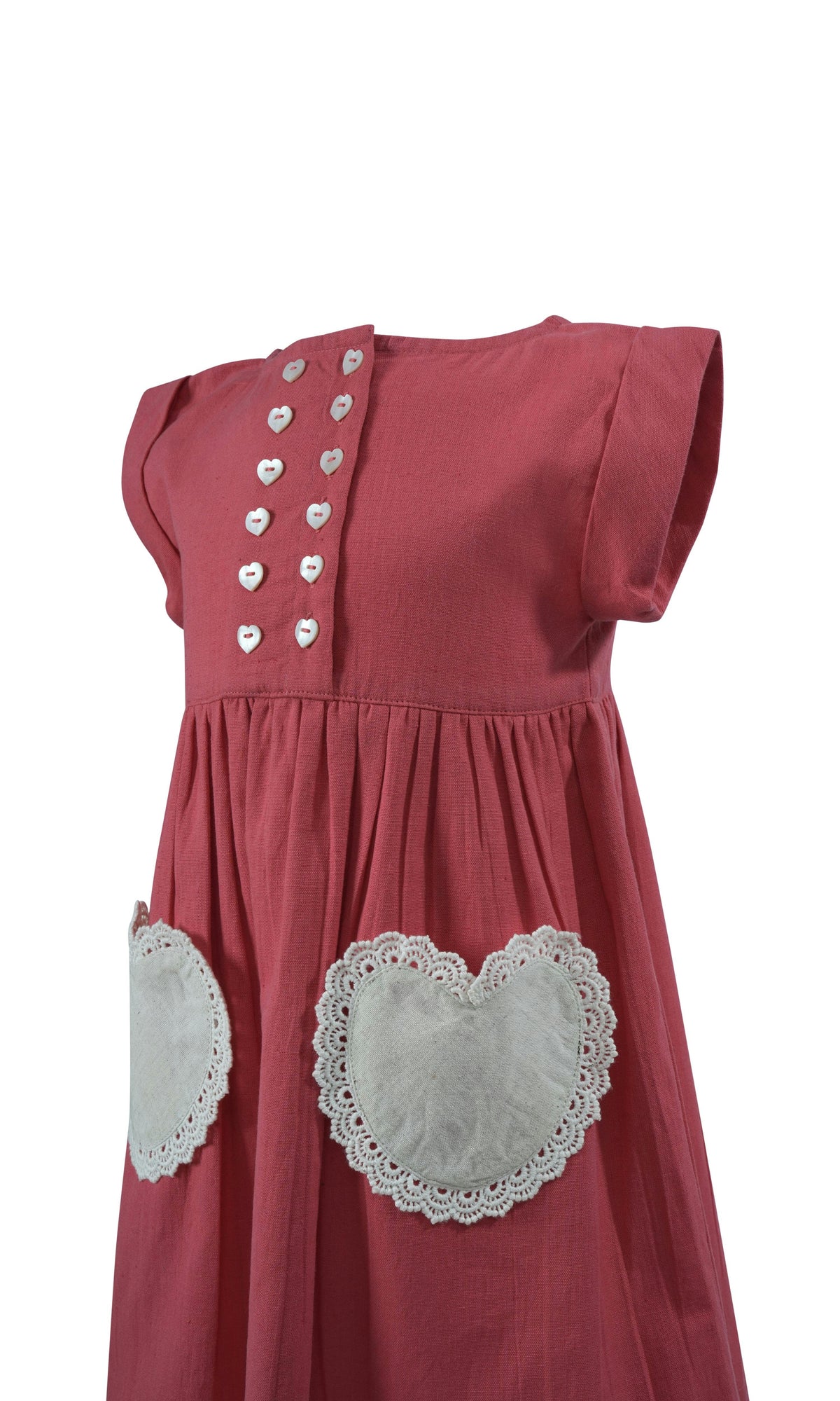 Coral Heart Gathered Dress — Cotton Girls Dress | Infant to Tween 0-13 Years