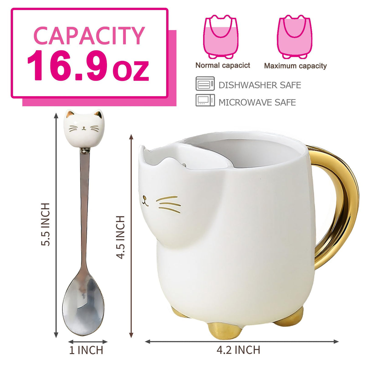 Christmas mugs Ceramic Cat Mug with Tea bag– 17oz Unique Coffee Cup with kitty Expression Design, Fun Gift for Women, Girls, Kids, Cat Lovers (white)
