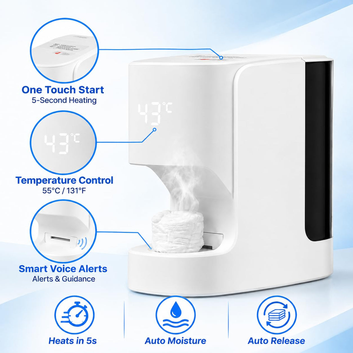Hot Face Towel Warmer & Dispenser with Voice Alerts, 20 Compressed Facial Towels