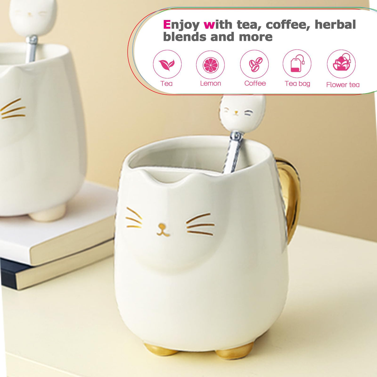 Christmas mugs Ceramic Cat Mug with Tea bag– 17oz Unique Coffee Cup with kitty Expression Design, Fun Gift for Women, Girls, Kids, Cat Lovers (white)