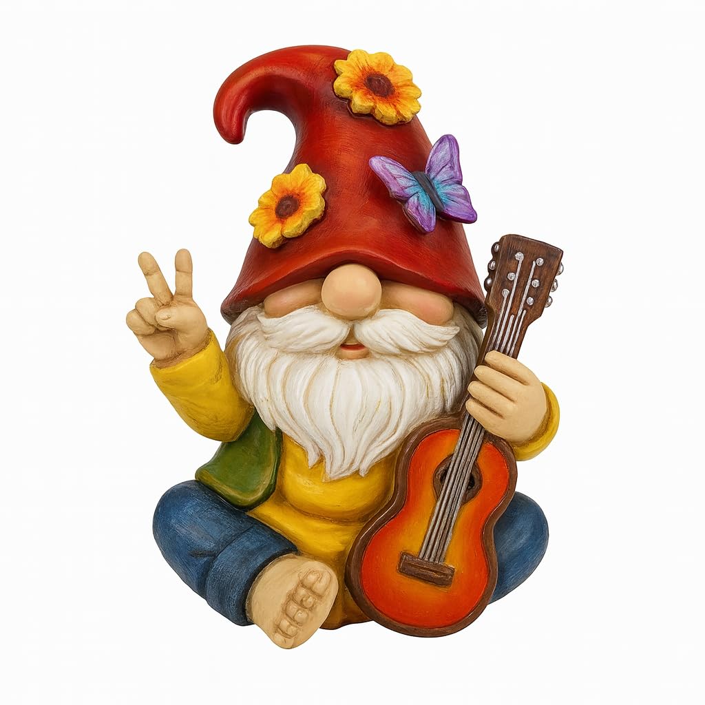 GoGnome Peace Sign Garden Gnome Figurine Outdoor Statue, Funny Guitar Playing Dwarf Rock Music Decor - 6‘’ Resin Lawn Ornament, Unique Housewarming Gift for Music Lovers & Gardeners (Red)