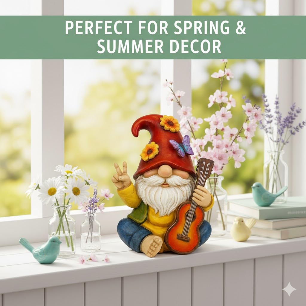 GoGnome Peace Sign Garden Gnome Figurine Outdoor Statue, Funny Guitar Playing Dwarf Rock Music Decor - 6‘’ Resin Lawn Ornament, Unique Housewarming Gift for Music Lovers & Gardeners (Red)