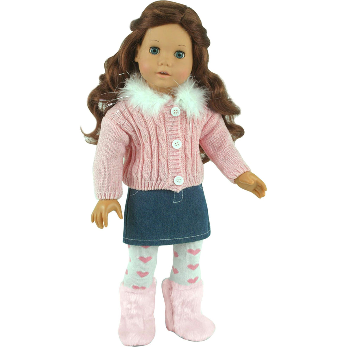 Sophia's Fur Trimmed Pink Cardigan, Denim Skirt and Tights for 18" Dolls