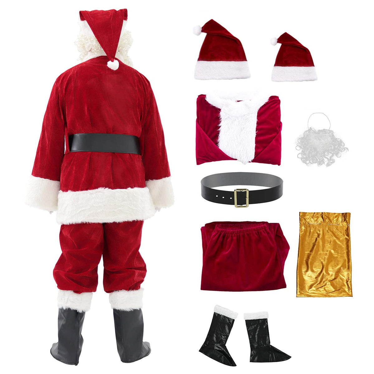 muyulin Men's Santa Claus Costume Adults Suit 7 Pcs, Deluxe Velvet Large Santa Outfits for Christmas, Cosplay Party, with hats, beard, belt