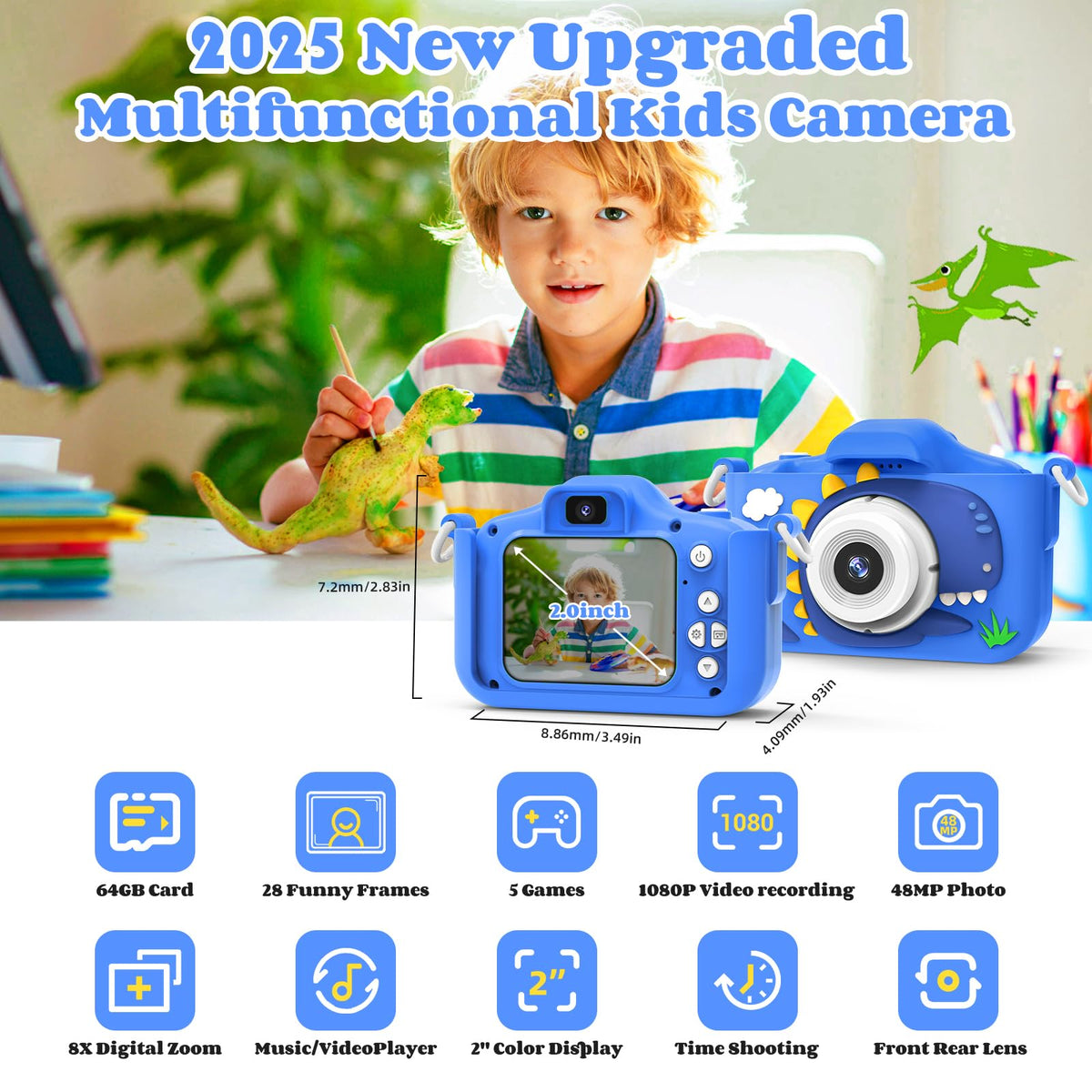 Kids Camera for 3-8 Year Old Girls Boys, 48MP Dual Lens 1080P Toddler Camera for Kids with 64GB SD Card, Children Digital Video Camcorder Selfie Camera Christmas Birthday Gifts