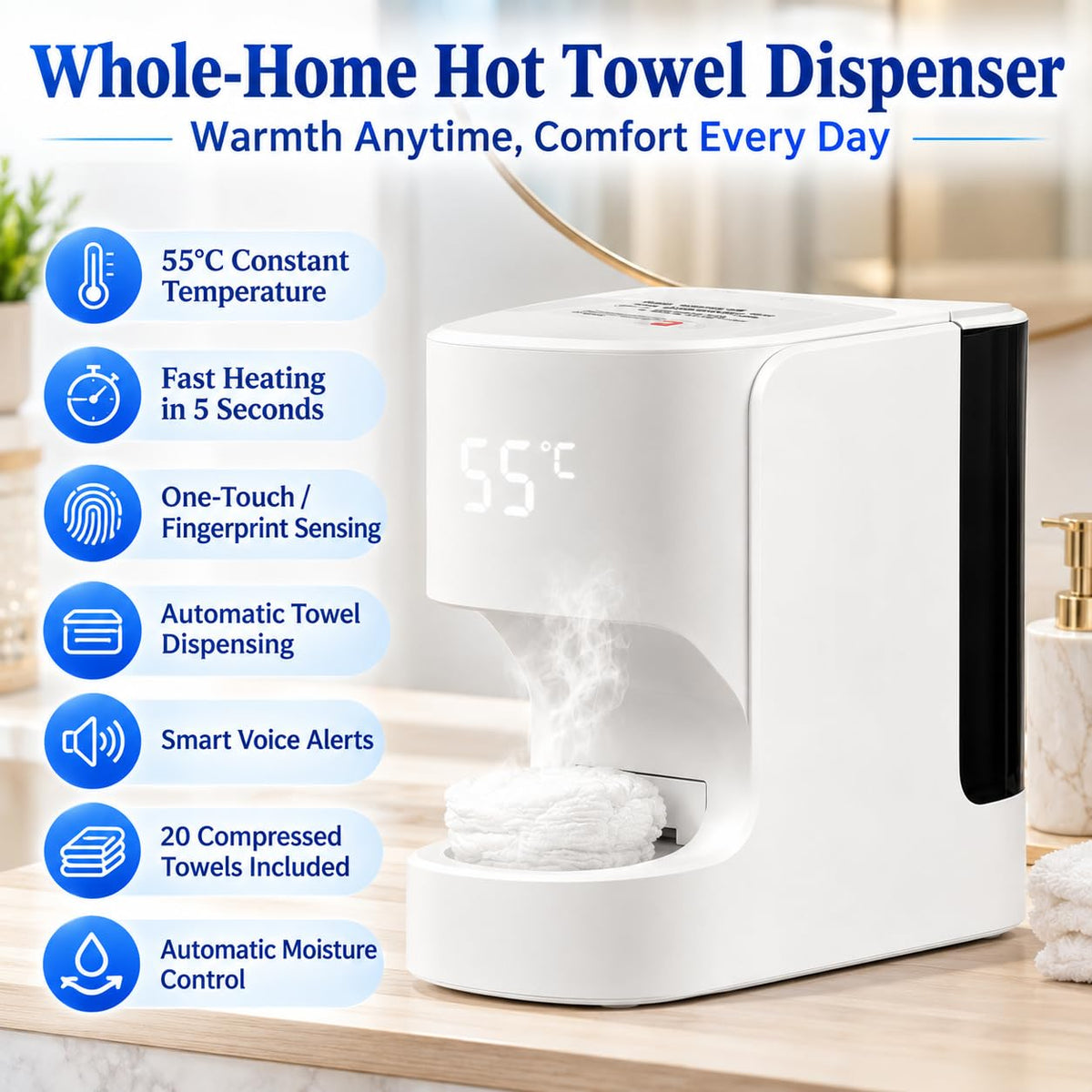 Hot Face Towel Warmer & Dispenser with Voice Alerts, 20 Compressed Facial Towels
