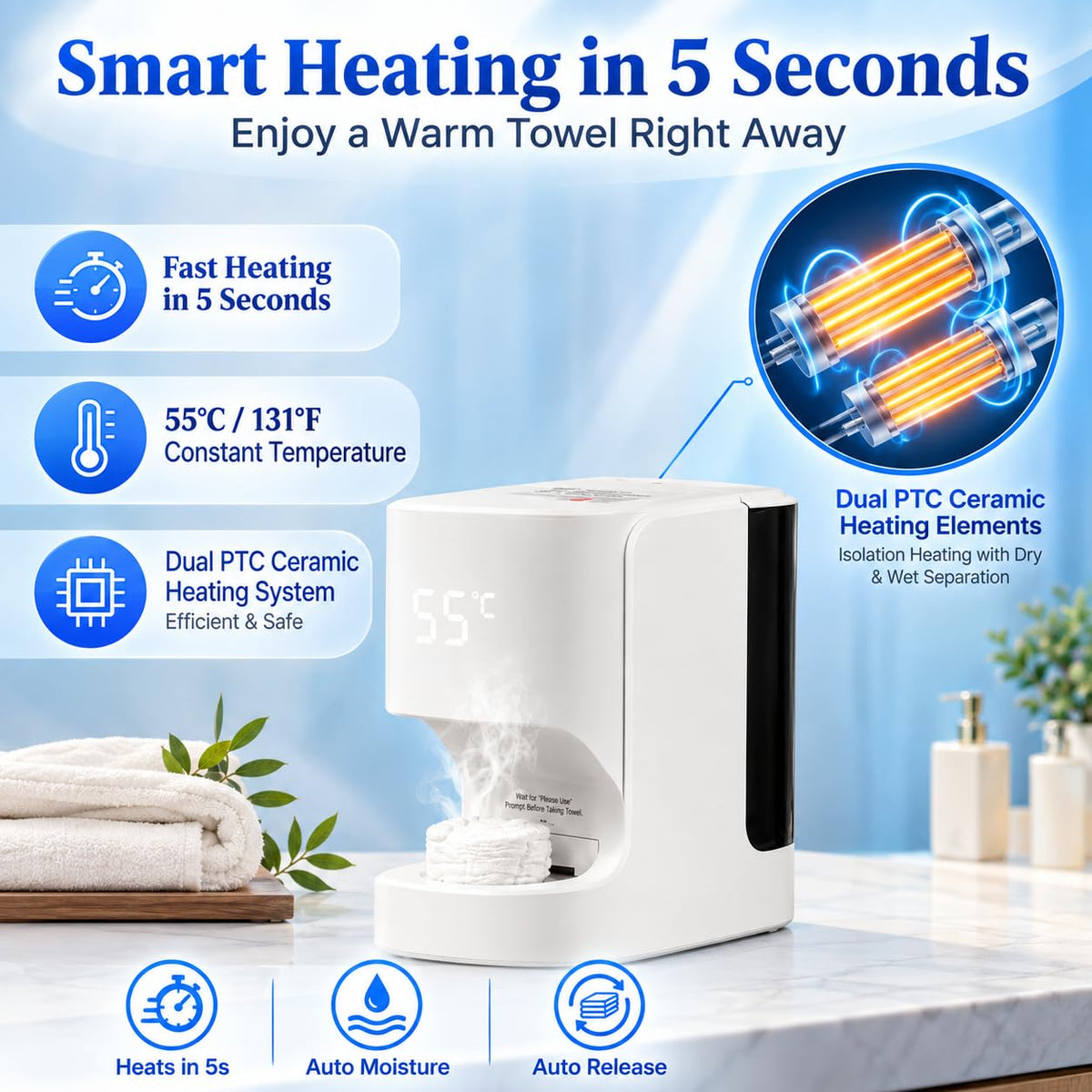 Hot Face Towel Warmer & Dispenser with Voice Alerts, 20 Compressed Facial Towels