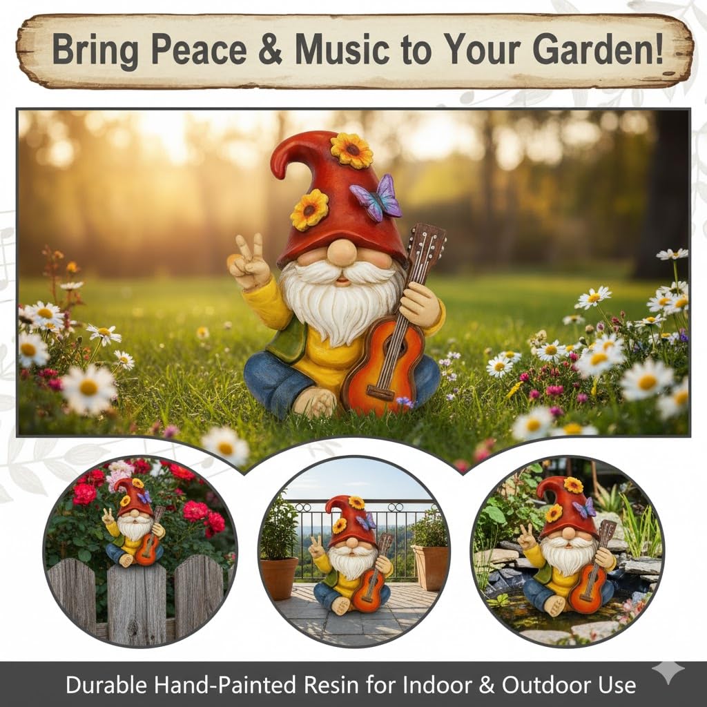 GoGnome Peace Sign Garden Gnome Figurine Outdoor Statue, Funny Guitar Playing Dwarf Rock Music Decor - 6‘’ Resin Lawn Ornament, Unique Housewarming Gift for Music Lovers & Gardeners (Red)