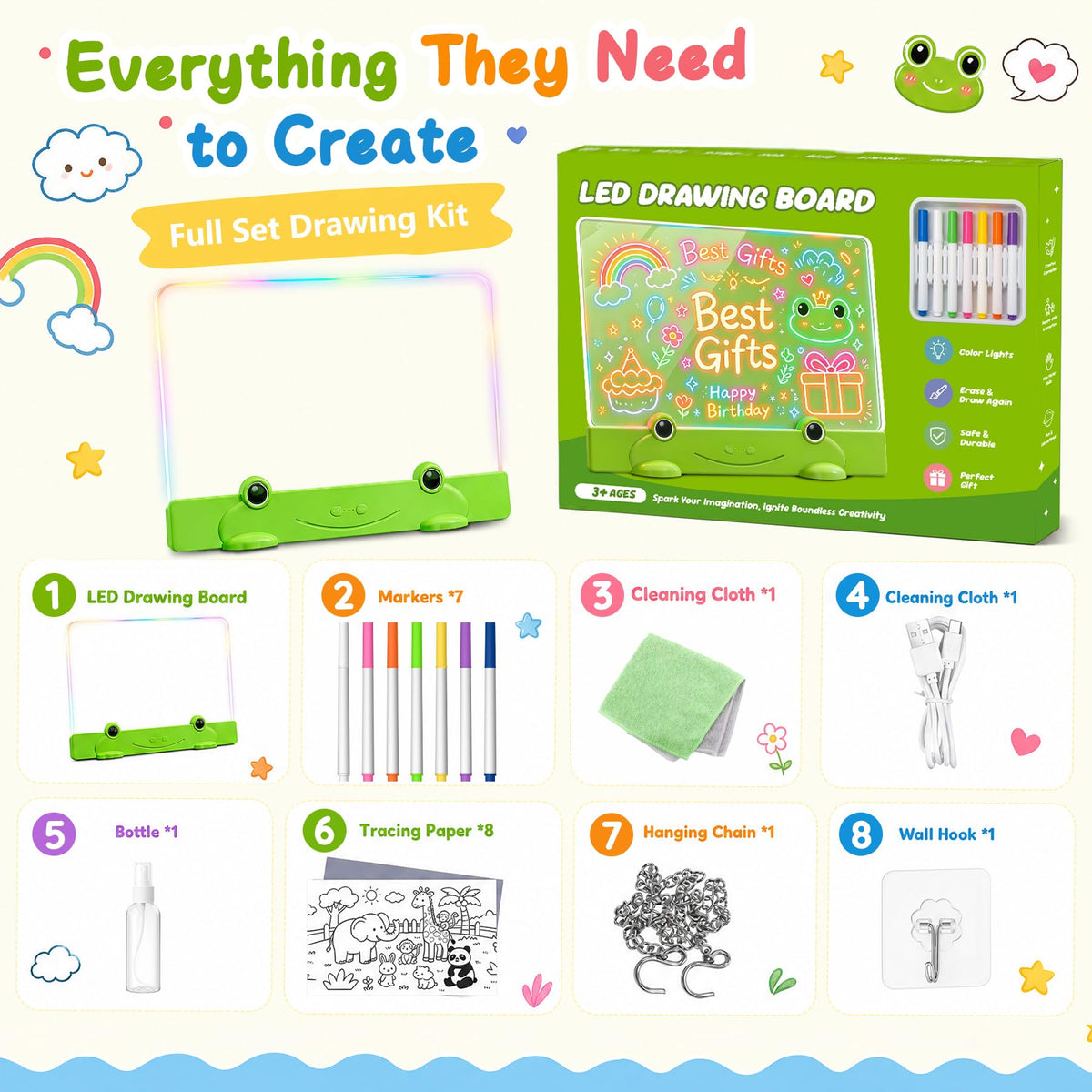 Loowoko LED Drawing Board for Kids, 16" Rechargeable Glow Drawing Tablet, with Color Lights, Adjustable Brightness, LED Drawing Pad, Gifts for Girls Boys Kids Children for Birthday Christmas Gift