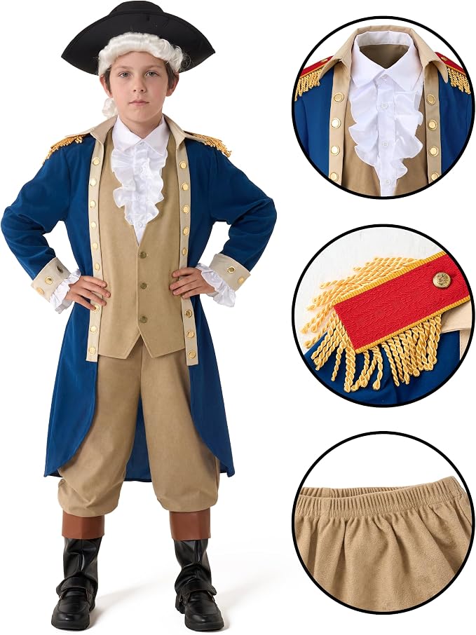 JOYIN Kids George Washington Costume - Colonial Halloween Outfit with Wig & Hat
