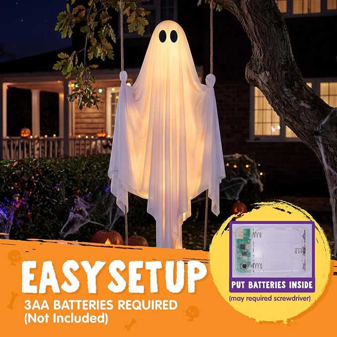 JOYIN 5 FT Hanging Swing Ghost - Light-Up Halloween Outdoor Decoration