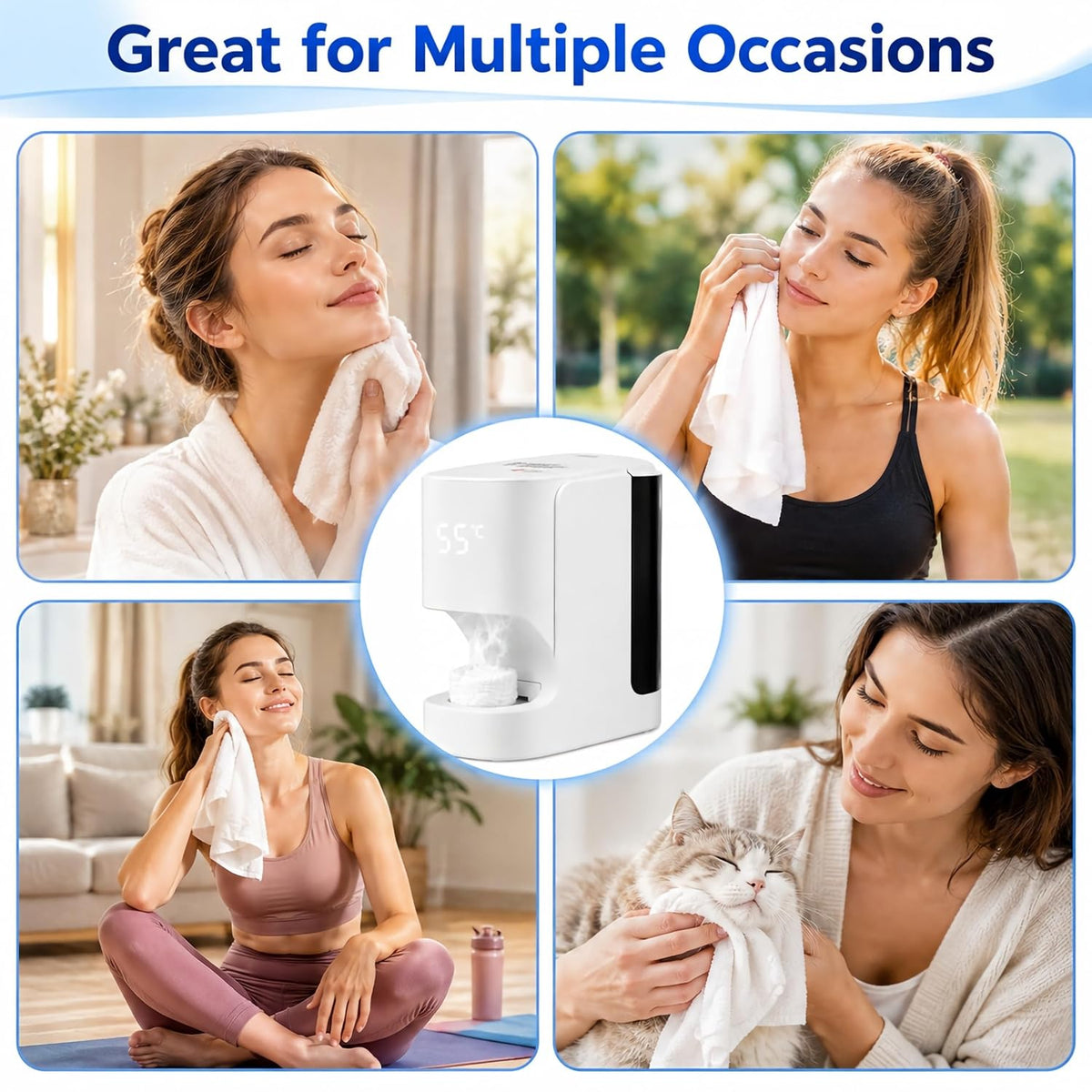 Hot Face Towel Warmer & Dispenser with Voice Alerts, 20 Compressed Facial Towels