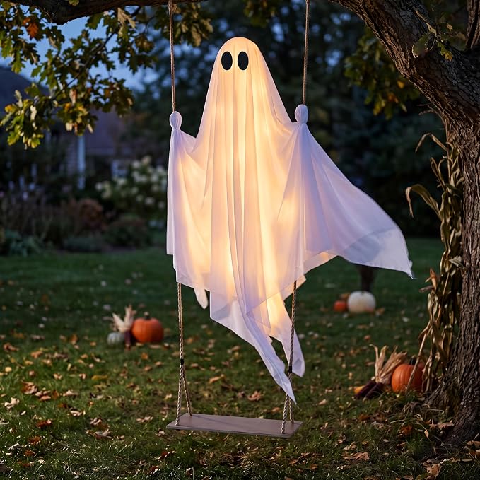 JOYIN 5 FT Hanging Swing Ghost - Light-Up Halloween Outdoor Decoration