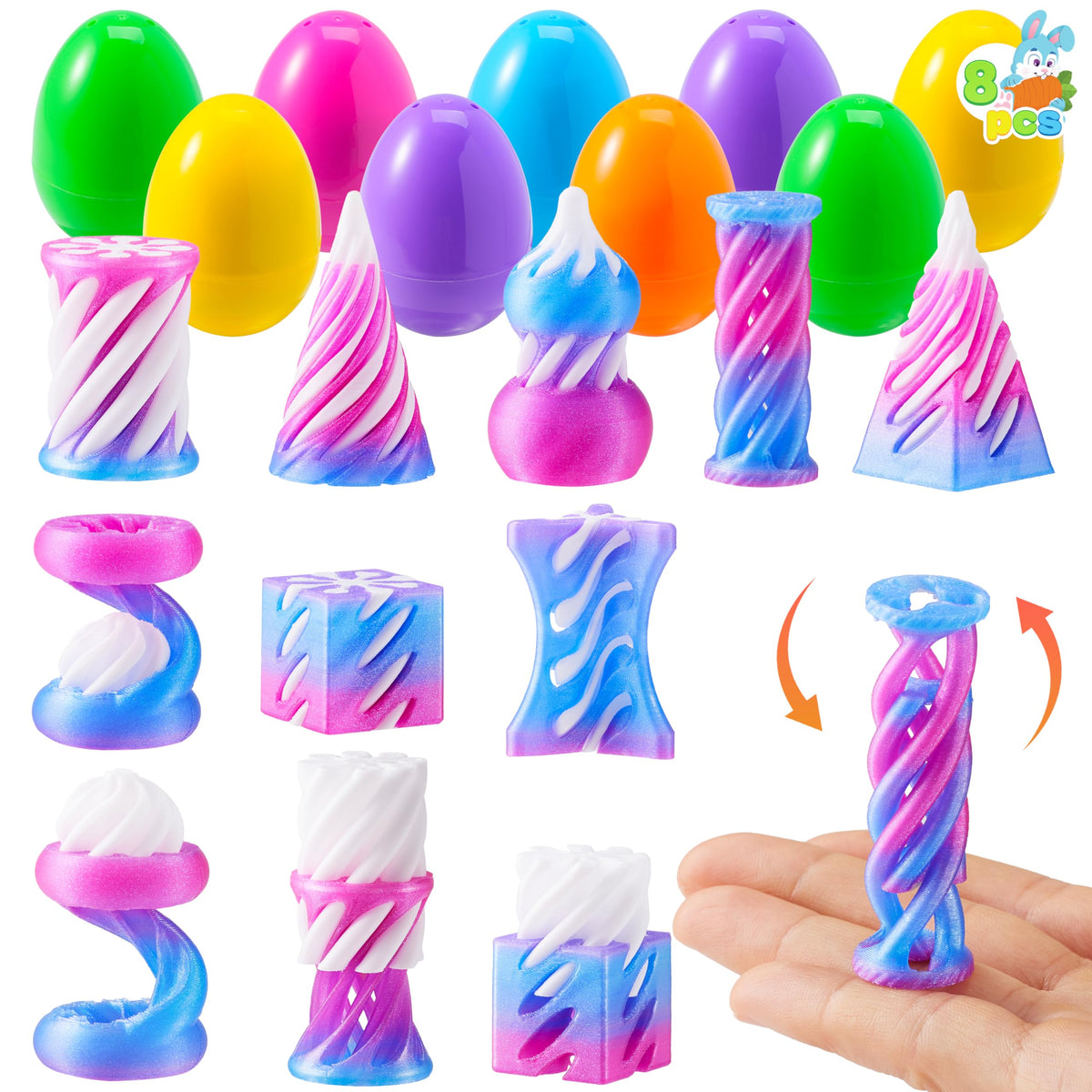 8 Pcs Prefilled Easter Eggs 3D Printed Impossible Cone Fidget Toys, Easter Party Favors for Kids