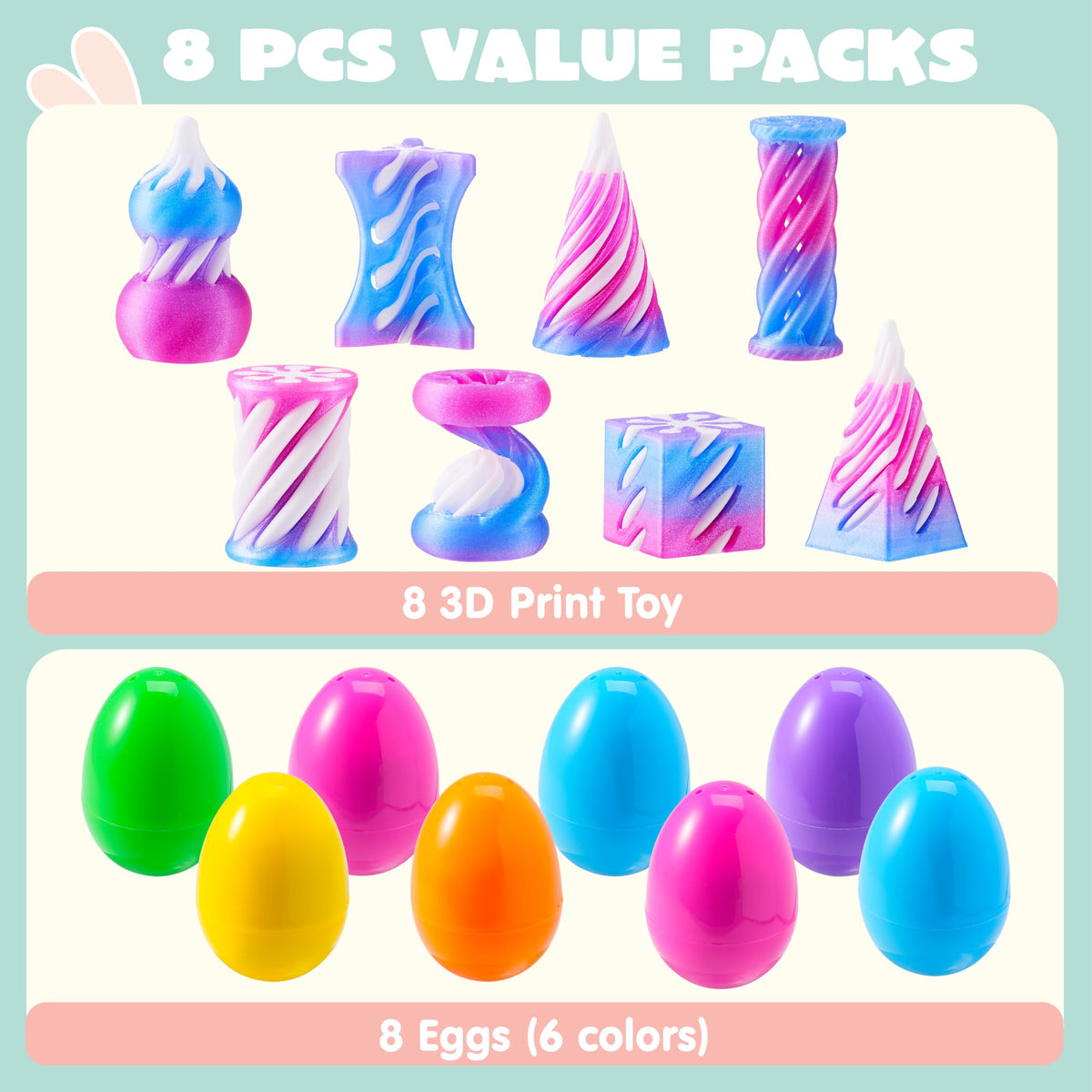 8 Pcs Prefilled Easter Eggs 3D Printed Impossible Cone Fidget Toys, Easter Party Favors for Kids