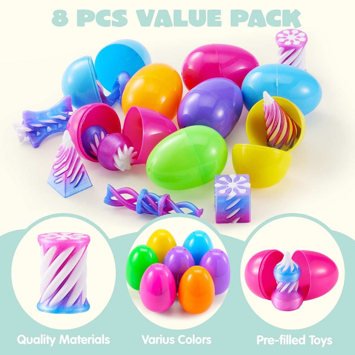 8 Pcs Prefilled Easter Eggs 3D Printed Impossible Cone Fidget Toys, Easter Party Favors for Kids