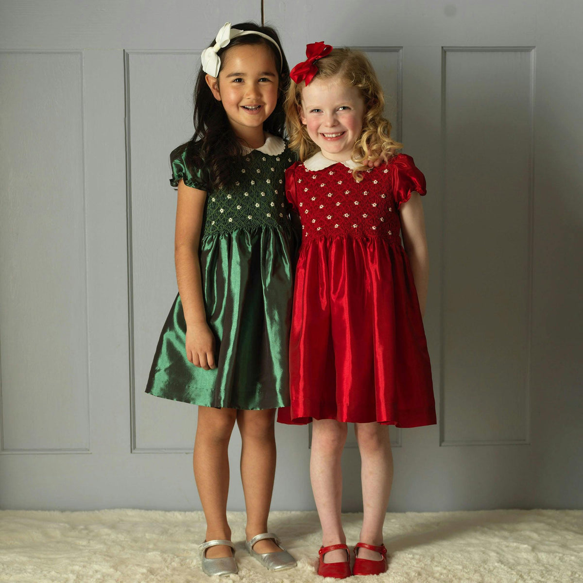 Red Taffeta Rosebud Smocked Dress