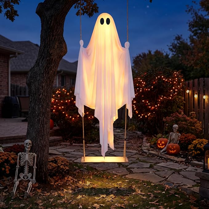 JOYIN 5 FT Hanging Swing Ghost - Light-Up Halloween Outdoor Decoration