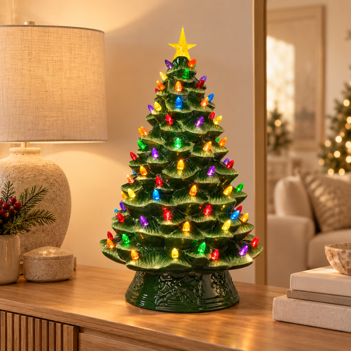 Vintage Ceramic Christmas Tree with Lights – Nostalgic Green Tabletop Tree with Star, 14" or 18"