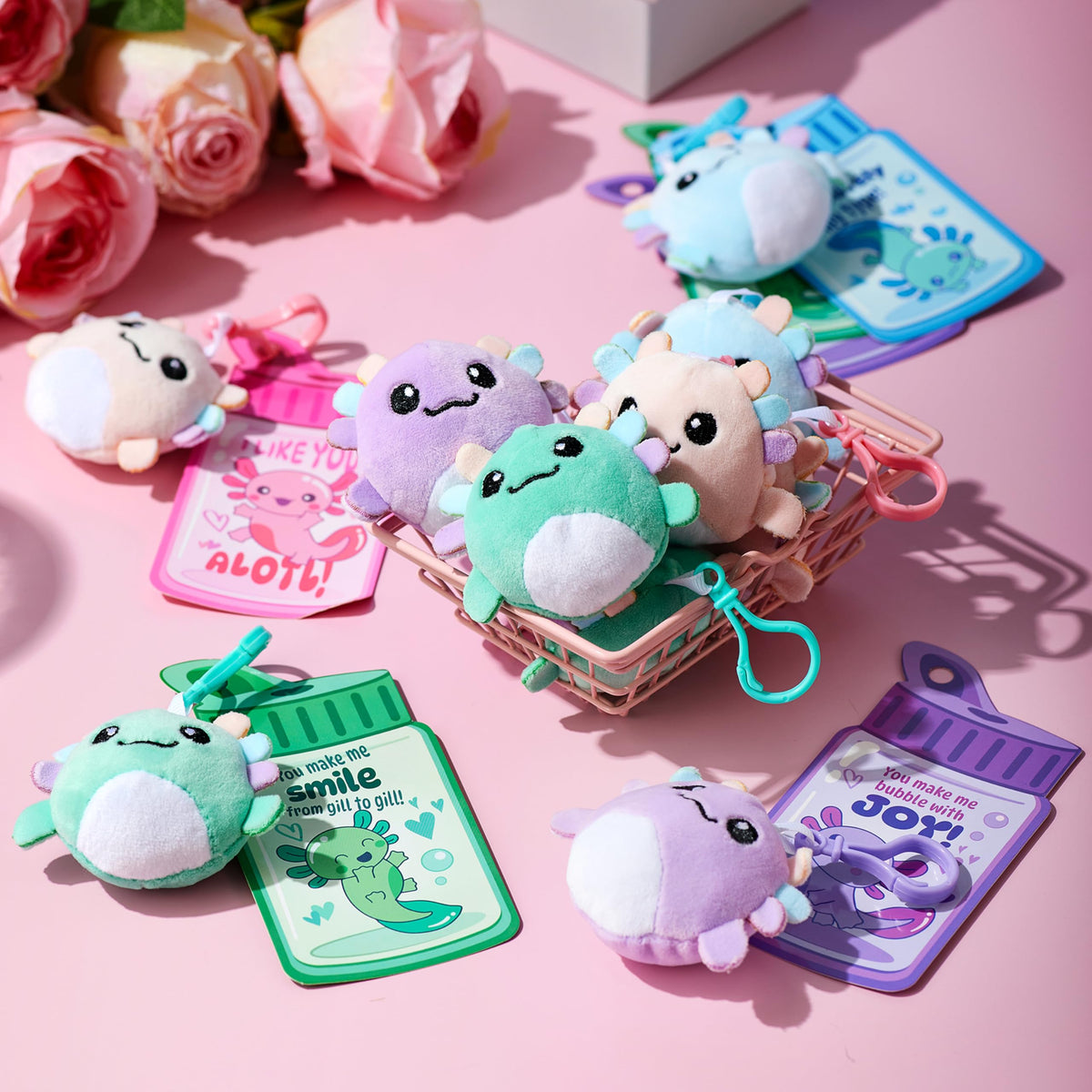 28 Pcs Kids Valentine's Day Cards with Axolotl Plush Toy Keychain