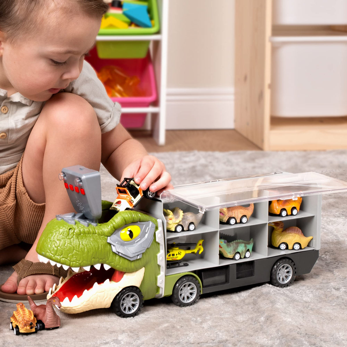 13 in 1 Dinosaur Transport Carrier Truck with Mini Car Set