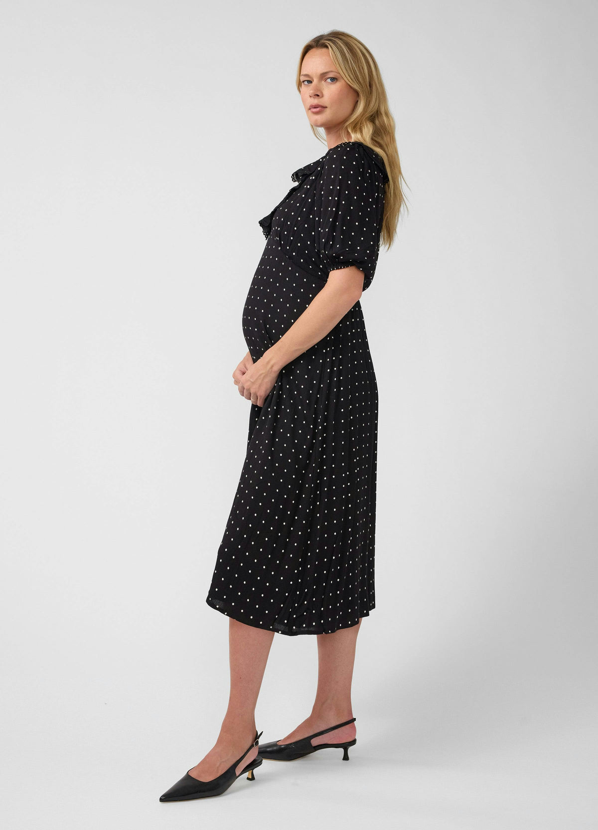 Polka Dot V-Neck Ruffle Maternity Midi Dress