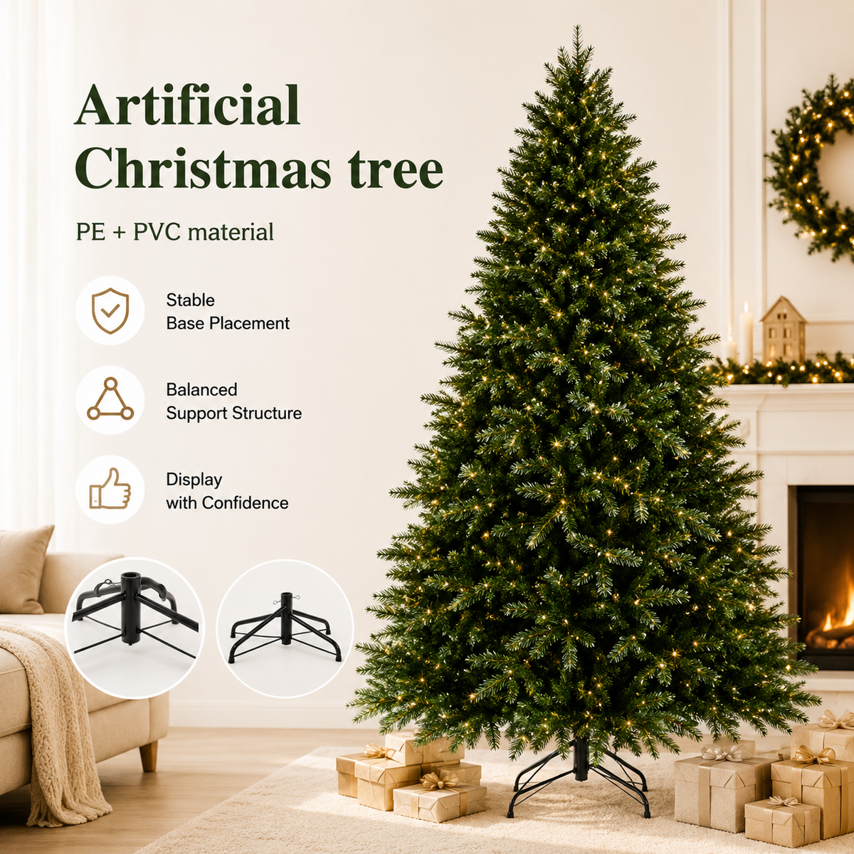 Pre-Lit Christmas Tree – Warm White LED, Full Lush Branches, 4ft to 6ft