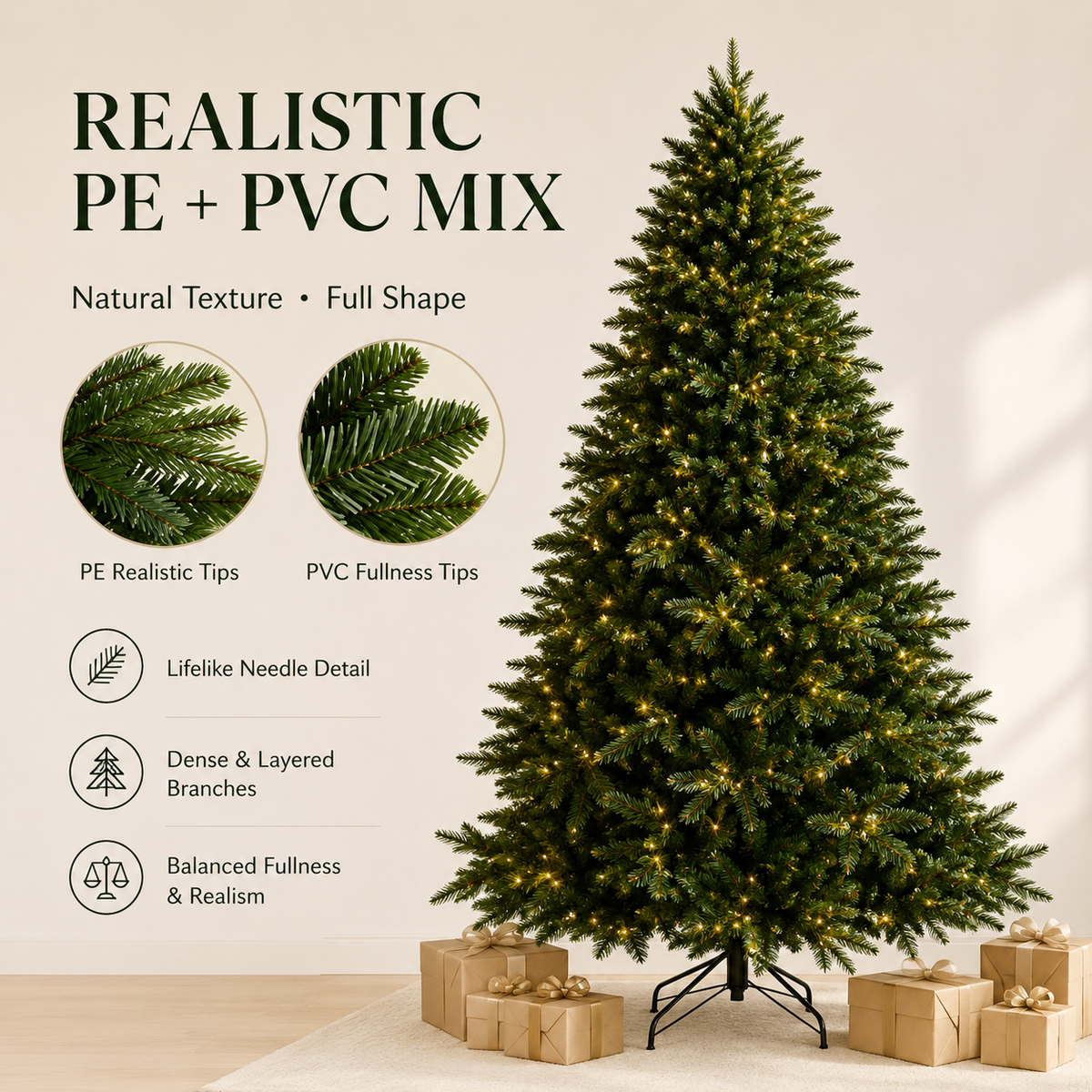 Pre-Lit Christmas Tree – Warm White LED, Full Lush Branches, 4ft to 6ft